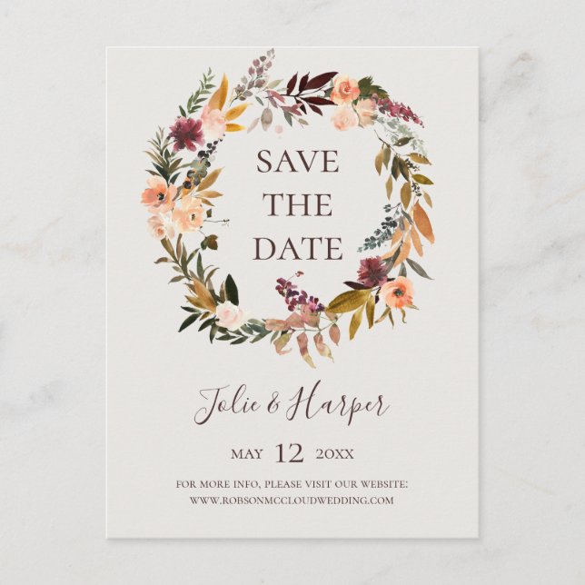Borgonha Bege Floral Laranja Save The Date Convite (Frente)