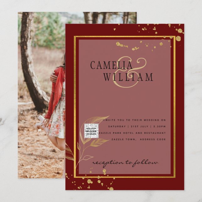 Borgonha Convite de Casamento FOTO Código QR Salva (Frente/Verso)