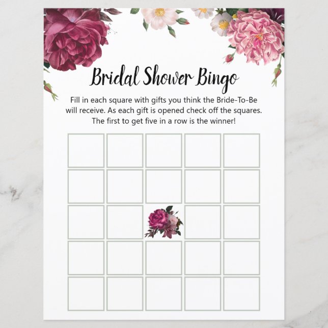 Borgonha Elegante e Flores Rosa Bridal Bingo (Frente)