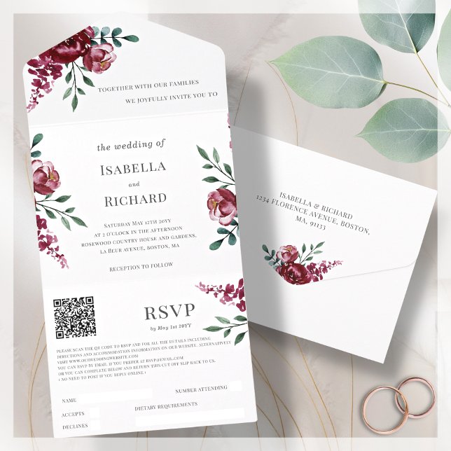Borgonha | Marsala Red Floral | RSVP de Código QR (Criador carregado)