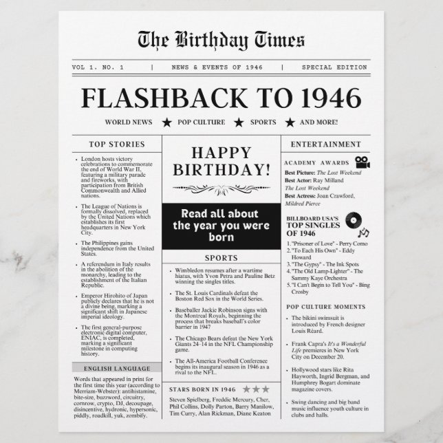 Born in 1946 Fun Newspaper black and white (Frente)