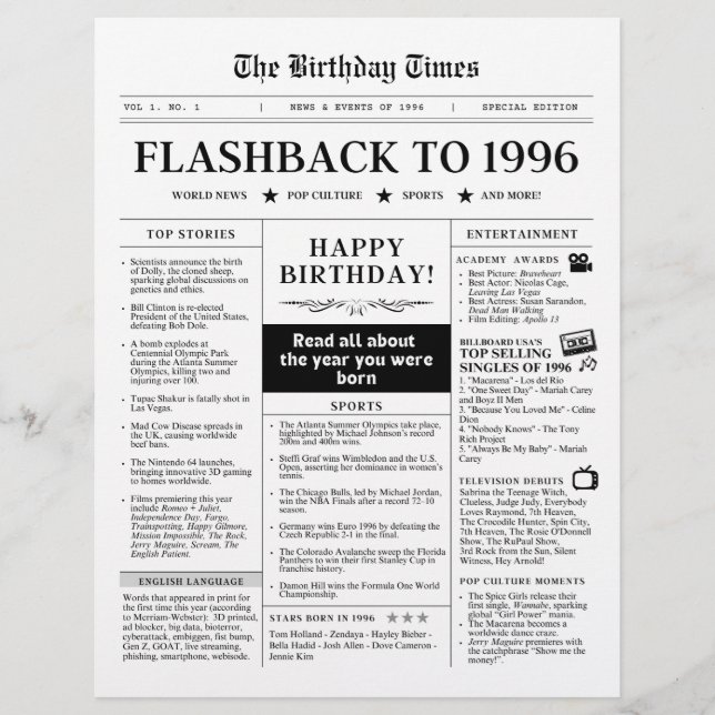 Born in 1996 Fun Black and White Newspaper (Frente)