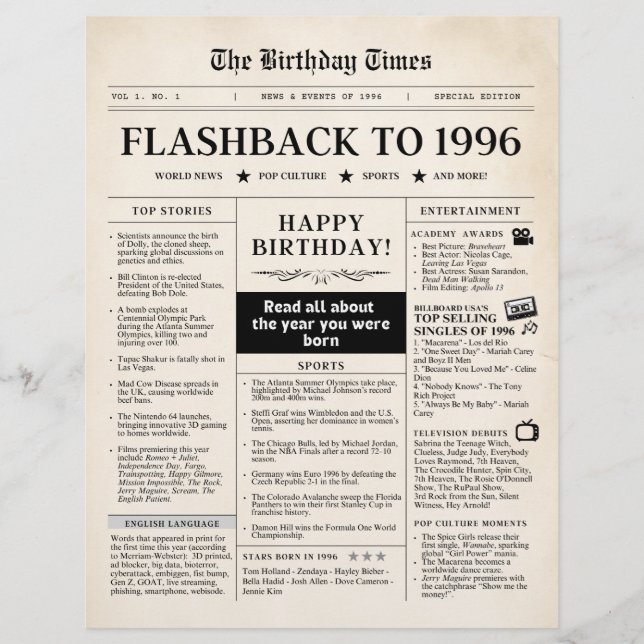 Born in 1996 Sepia Newspaper (Frente)