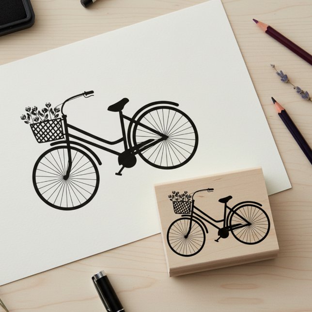 Borracha Bicicleta Fofa com Flores Carimbo de Arte em Madei (Cute bicycle with flowers wooden art stamp.)