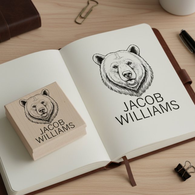 Borracha Cabeça de Urso Gravada Com Nome Completo Carimbo d (Etched bear head signature stamp.)