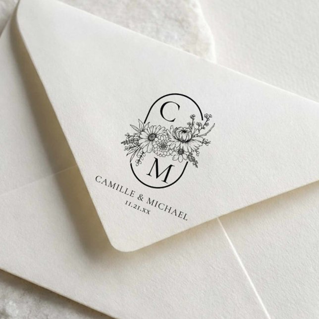 Borracha Carimbo Automático de Monograma de Casamento Flora (Fall Floral Wedding Monogram Stamp)