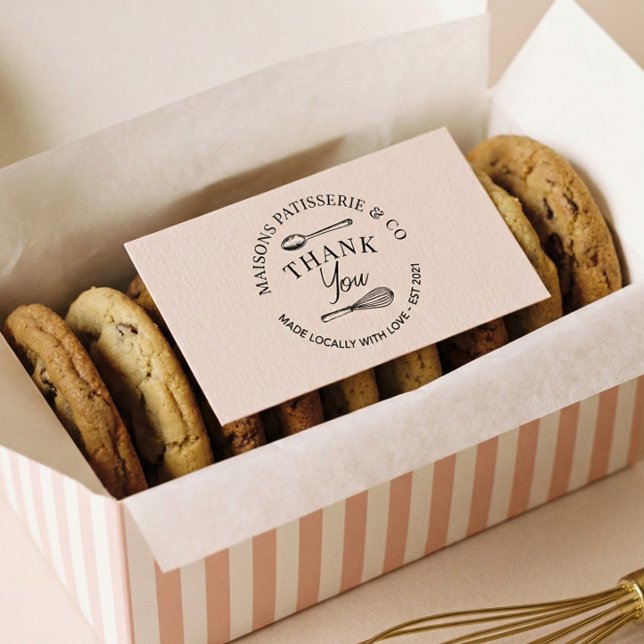 Borracha Carimbo de Agradecimento para Padaria com Colher e (Hand Drawn Floral Cupcake Shop Bakery Business Rubber Stamp)