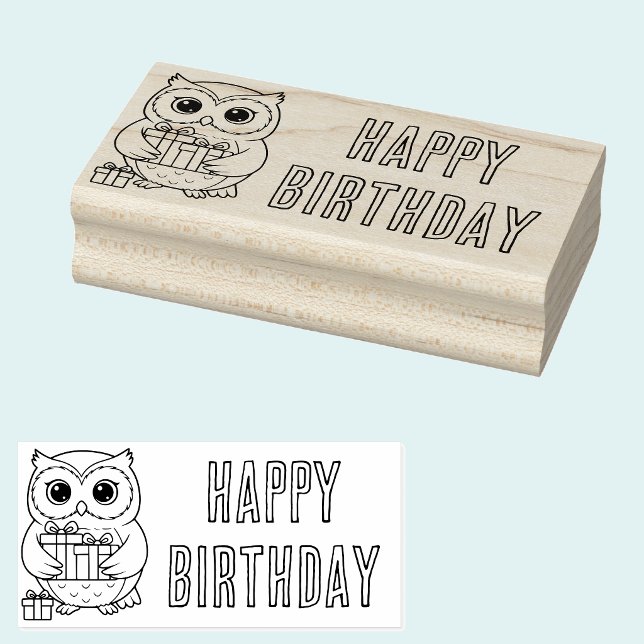Borracha Carimbo de Arte em Madeira de Coruja com Presentes (Happy birthday owl with gifts wooden art stamp.)