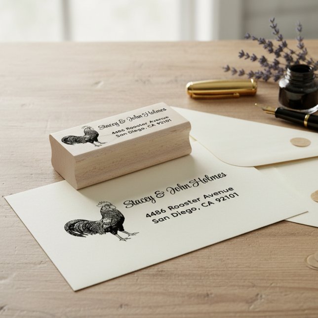 Borracha Carimbo de Endereço de Devolução de Galo (Rooster return address stamp.)