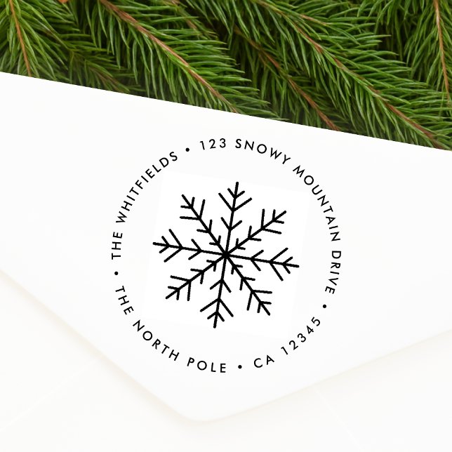 Borracha Carimbo de Endereço de Devolução de Natal | Floco  (Simple Christmas snowflake round return address stamp for holiday cards & seasonal parcel mailing)