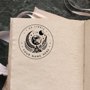 Borracha Carimbo redondo de moon floral ex libris