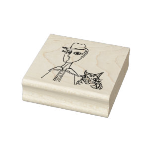 Borracha Homem com chapéu e gato - Carimbo de Arte da Madei