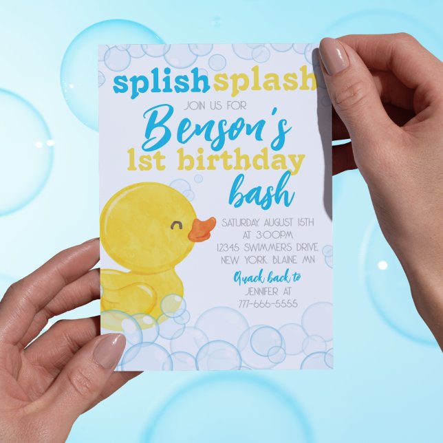Borracha Pato Escregue Pato Pato Splash Convite de (Splish Splash Stunning Watercolor Rubber Duck Birthday Party Invite for Any Age!)