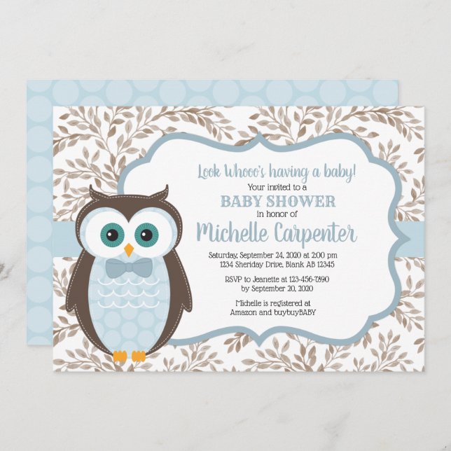 bosque chá de fraldas convite convite coruja azul- (Frente/Verso)