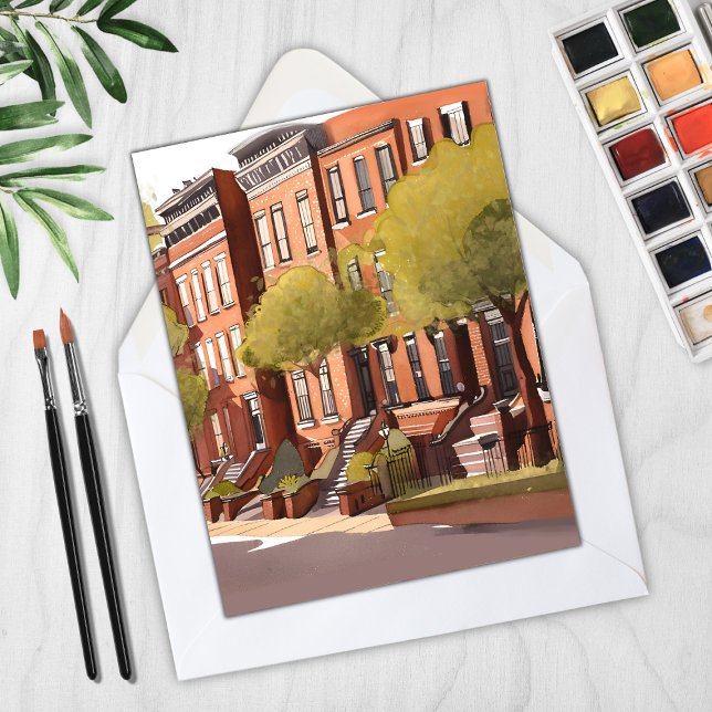 Boston Brownstones | Cartão de Aquarela da Rua Bea (Criador carregado)