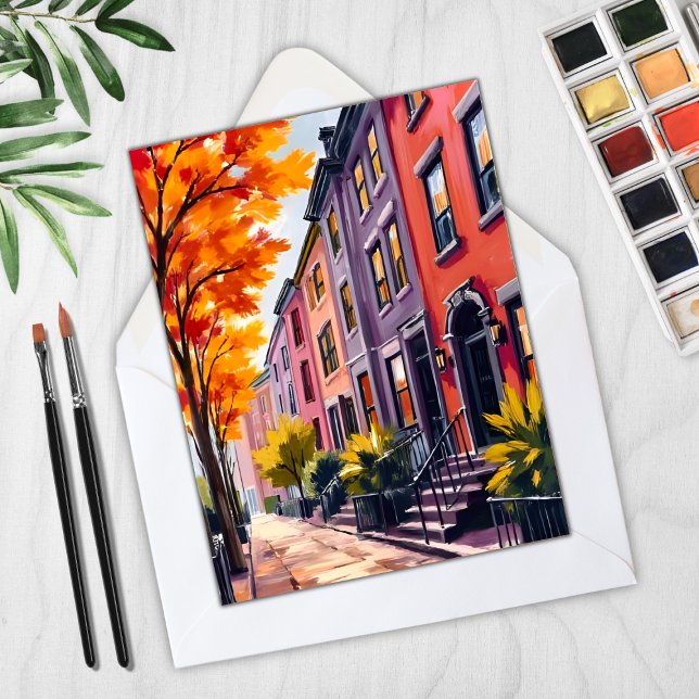 Boston Brownstones Watercolor - Cartão de Massachu (Criador carregado)