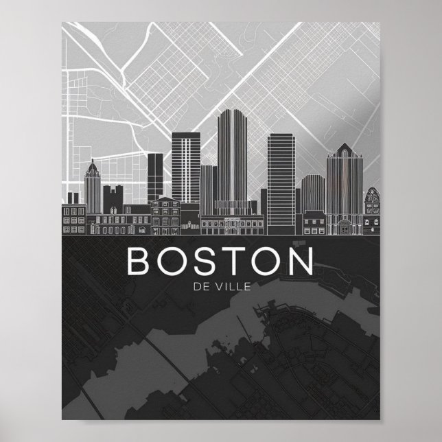 Boston Massachusetts City Skyline with Map Poster (Frente)