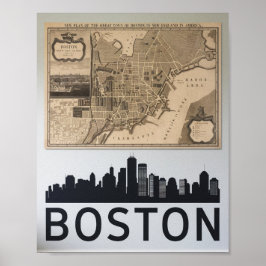 Boston Massachusetts City Skyline with Map Poster