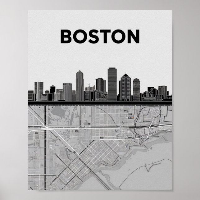 Boston Massachusetts City Skyline with Map Poster (Frente)