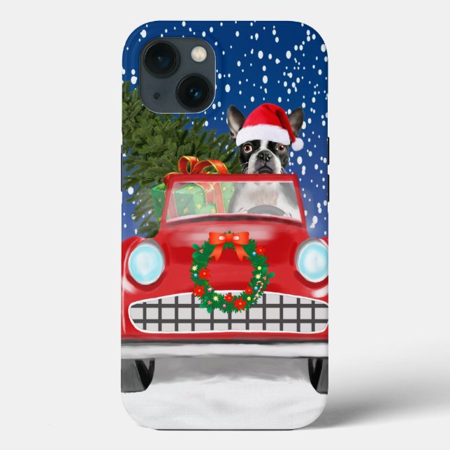 Boston terrier Cão Dirigindo Carro Na Neve Natal  (Verso)
