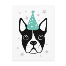 Boston terrier com o cartão de aniversário feliz