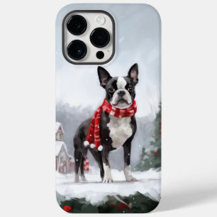 Boston Terrier Dog no Natal da neve
