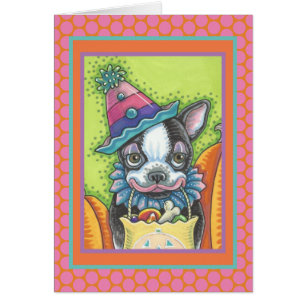 BOSTON TERRIER PUP, HALLOWEEN CLOWN DOG CARTÃO Ver