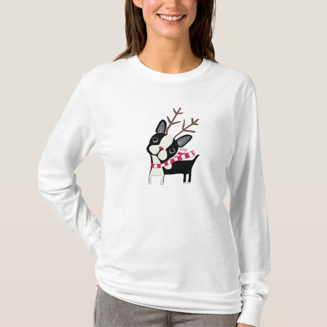 Boston Terrier Rudolph a camisa de Flowy da rena (Frente)