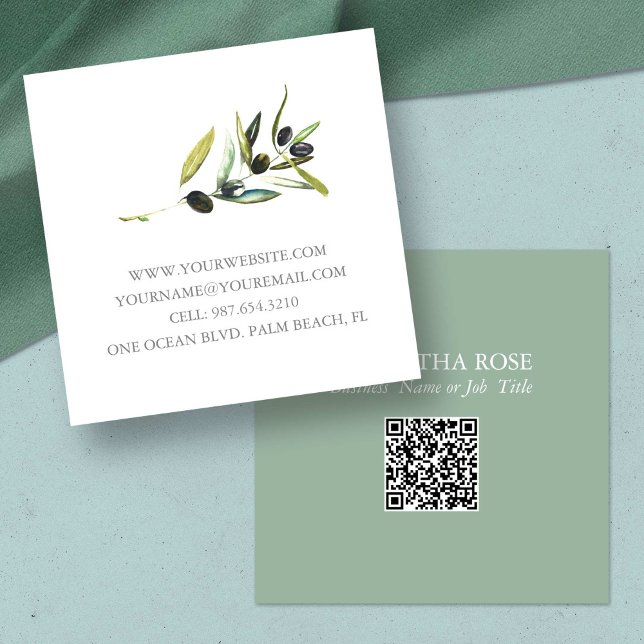 Botânica de Aquarela de Cartões de visitas Únicos (unique business cards watercolor botanical olive branch QR code)