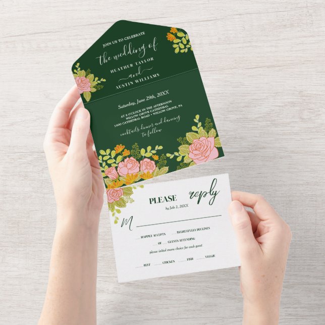 Botânica de Casamento Verde Escuro Floral (Aba destacável)