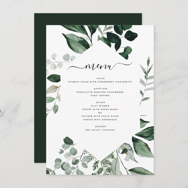 Botânica Greenery Foliage Watercolor Menu Casament (Frente/Verso)