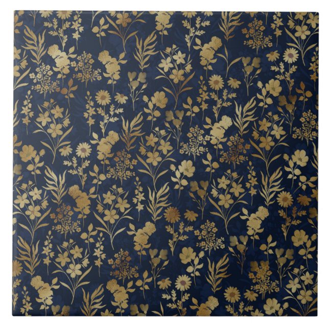 Botanical Gold Flowers Blue Pattern (Frente)