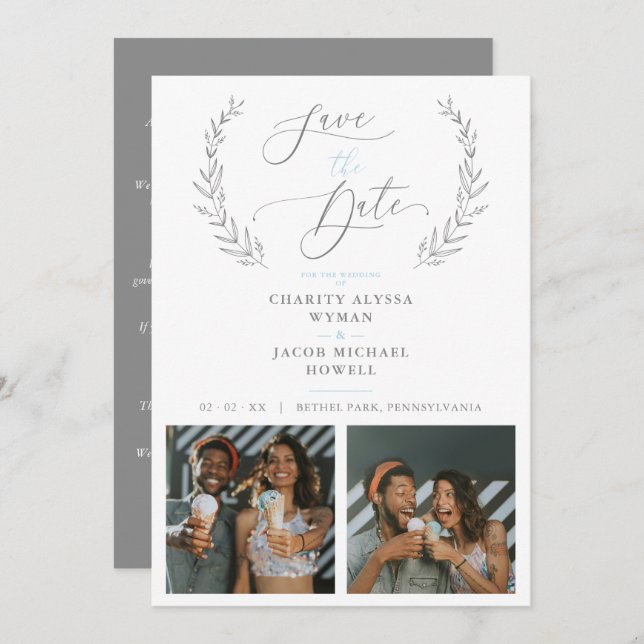 Botanical Grey 2 Photos Sophisticated Wedding (Frente/Verso)