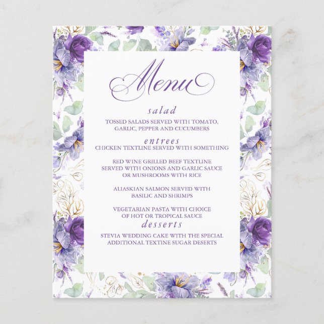 Botanical Purple and Gold Floral Wedding Menu (Frente)