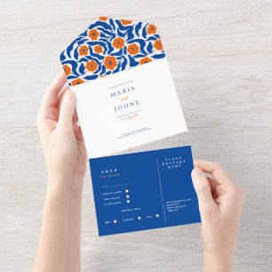 botânico abstrato azul laranja casamento RSVP Tudo