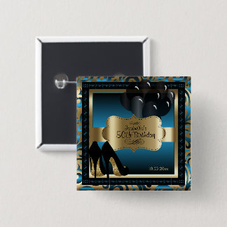Bóton Quadrado 5.08cm 00ª Festa de aniversário | Azul e Dourado
