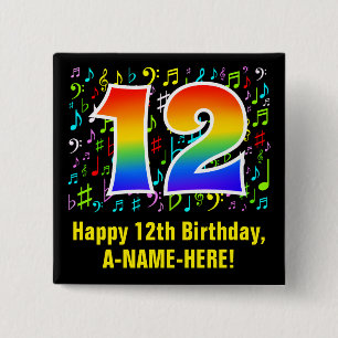 Bóton Quadrado 5.08cm 12 Aniversário: Símbolos Musicais Coloridos, Rai