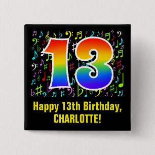 Bóton Quadrado 5.08cm 13 Aniversário: Símbolos Musicais Coloridos, Rainb