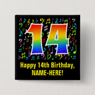 Bóton Quadrado 5.08cm 14 Aniversário: Símbolos Musicais Coloridos, Rai