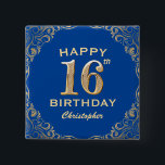 Bóton Quadrado 5.08cm 16th Birthday Party Blue and Gold Glitter Frame<br><div class="desc">16th Birthday Party Blue and Gold Glitter Frame Button. For further customization,  please click the "Customize it" button and use our design tool to modify this template.</div>
