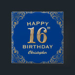 Bóton Quadrado 5.08cm 16th Birthday Party Blue and Gold Glitter Frame<br><div class="desc">16th Birthday Party Blue and Gold Glitter Frame Button. For further customization,  please click the "Customize it" button and use our design tool to modify this template.</div>