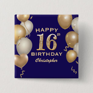 Bóton Quadrado 5.08cm 16th Birthday Party Navy Blue and Gold Balloons