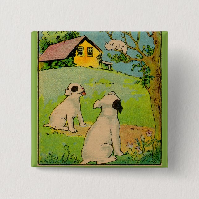 Bóton Quadrado 5.08cm 1914 dois cães e um gatinho branco (Frente)