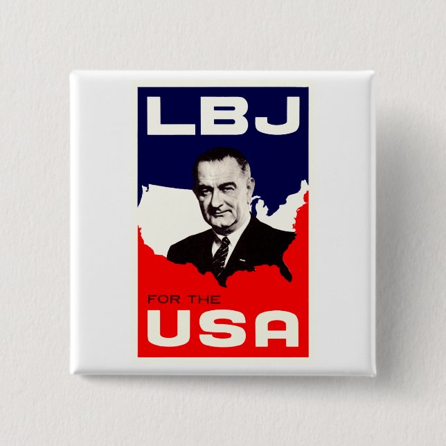 Bóton Quadrado 5.08cm 1964 LBJ para os EUA (Frente)