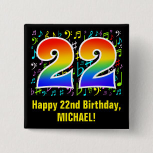Bóton Quadrado 5.08cm 22º Aniversário: Símbolos Musicais Coloridos, R