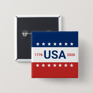 Bóton Quadrado 5.08cm 250.º Aniversário dos EUA 1776 2026 Azul Branco Ve