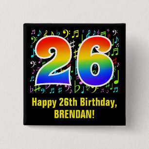 Bóton Quadrado 5.08cm 26.o aniversário: Símbolos Musicais Coloridos, R