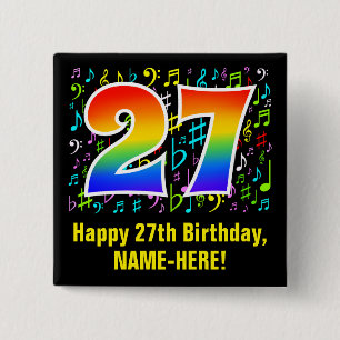 Bóton Quadrado 5.08cm 27.o aniversário: Símbolos Musicais Coloridos, R