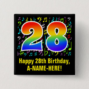 Bóton Quadrado 5.08cm 28.o aniversário: Símbolos Musicais Coloridos, R
