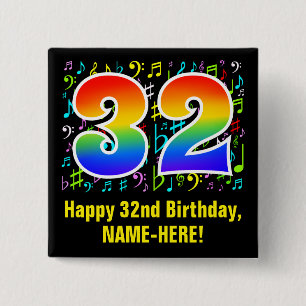 Bóton Quadrado 5.08cm 32º Aniversário: Símbolos Musicais Coloridos, R